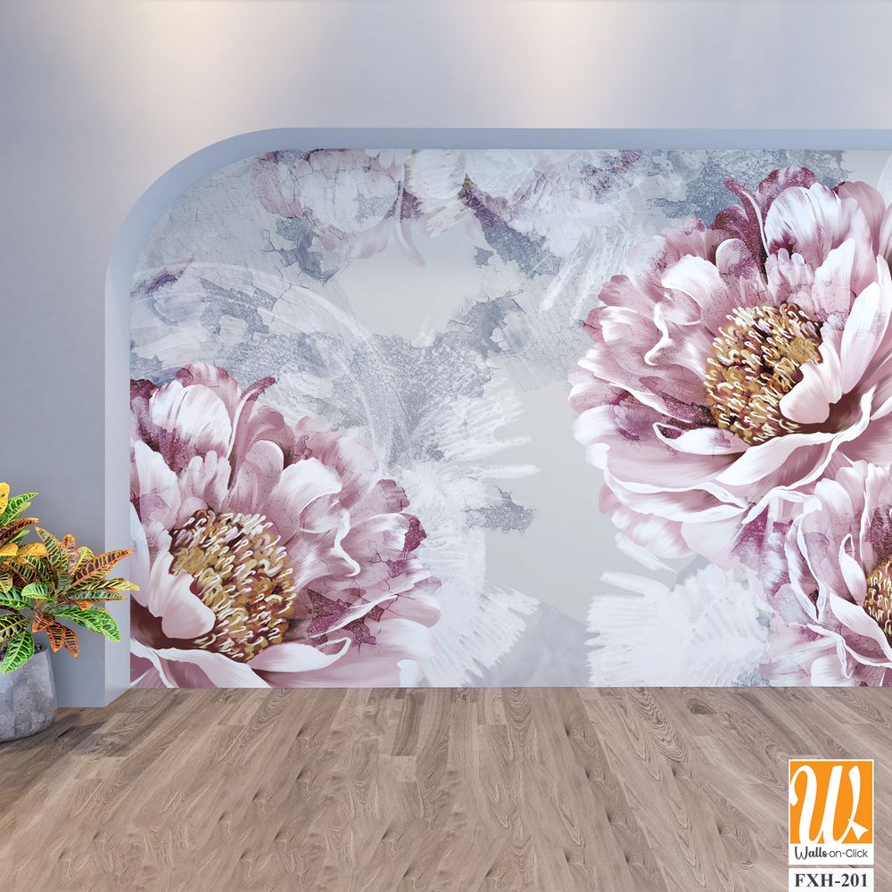 Drawn art peonies on a textured wall with imitation of scuffs. Photo wallpaper in a room or interior of a house. For printing on a label poster of a postcard [WP-FXH-201]