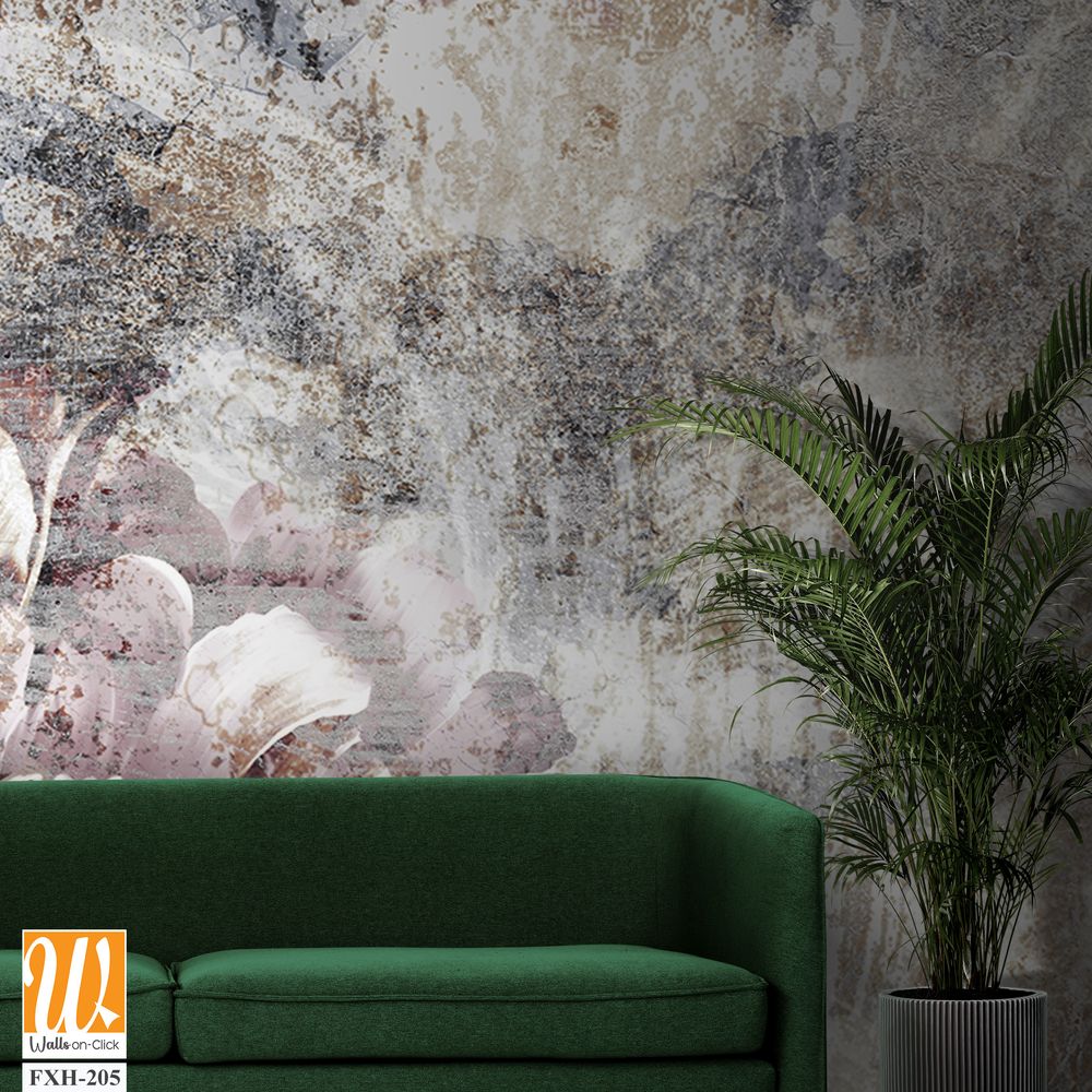 Drawn peony on a textured photo on the wall, art drawing on the wall, photo wallpaper in room, postcard, banquet, poster. [WP-FXH-205]