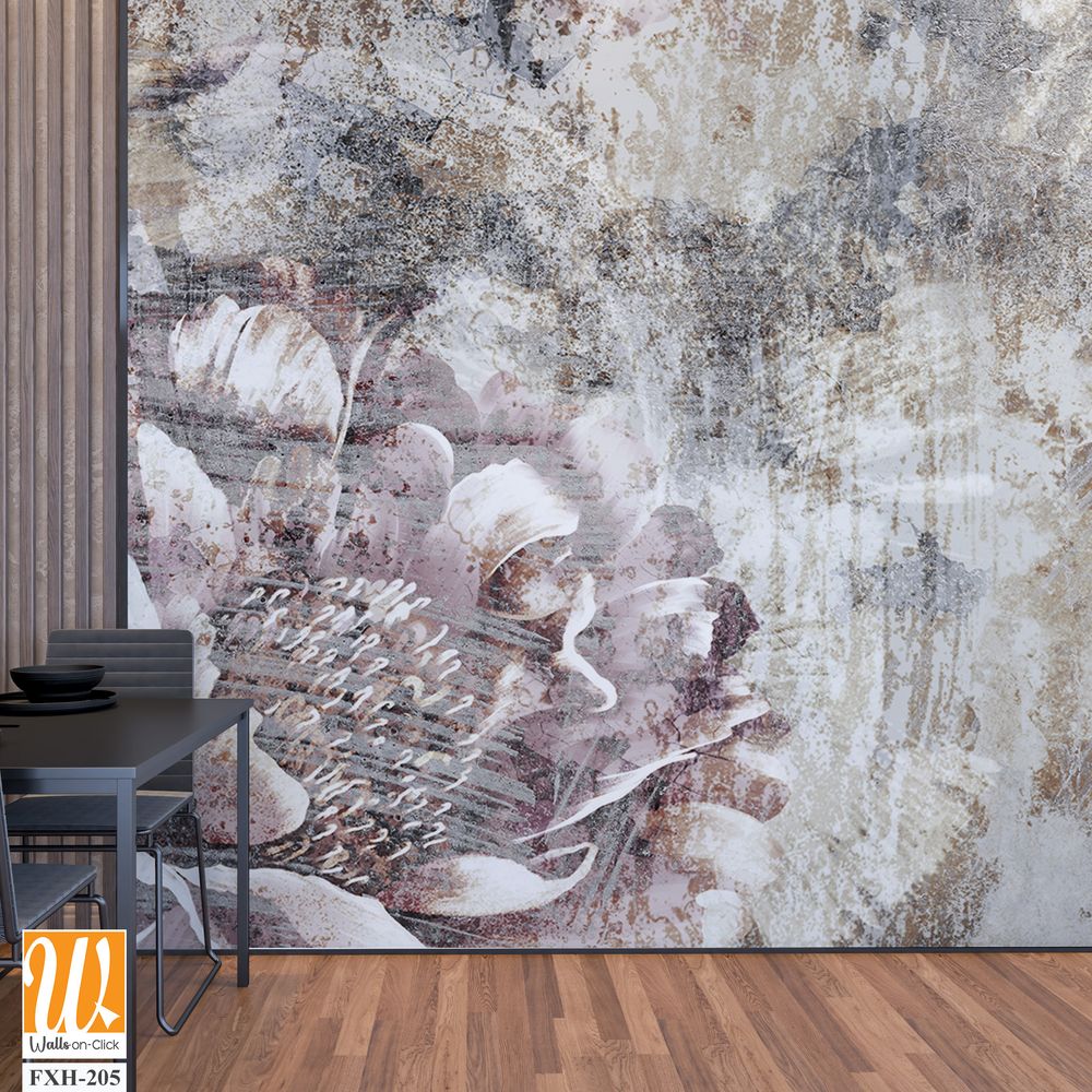Drawn peony on a textured photo on the wall, art drawing on the wall, photo wallpaper in room, postcard, banquet, poster. [WP-FXH-205]