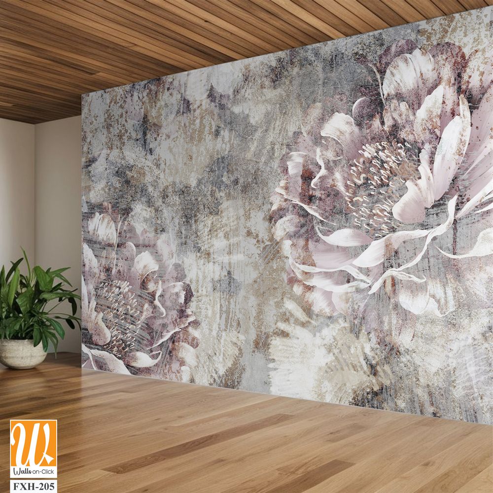 Drawn peony on a textured photo on the wall, art drawing on the wall, photo wallpaper in room, postcard, banquet, poster. [WP-FXH-205]