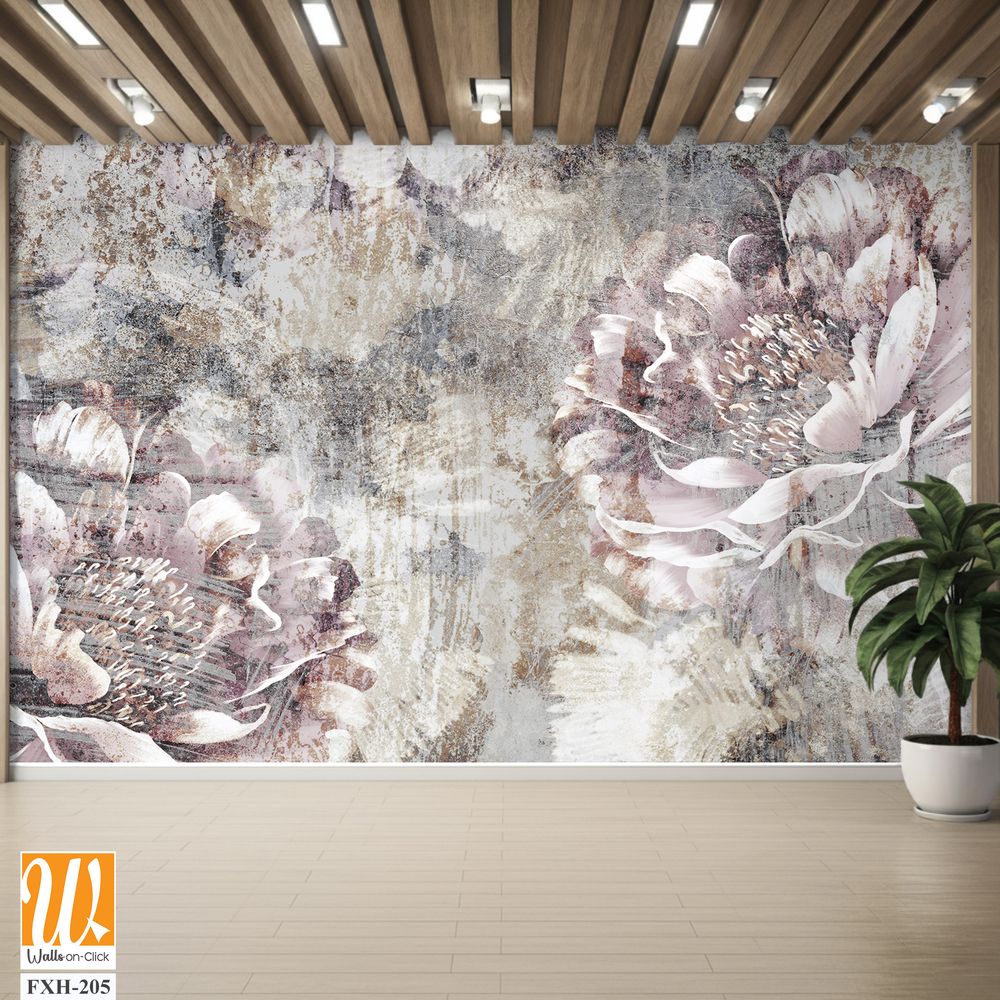 Drawn peony on a textured photo on the wall, art drawing on the wall, photo wallpaper in room, postcard, banquet, poster. [WP-FXH-205]