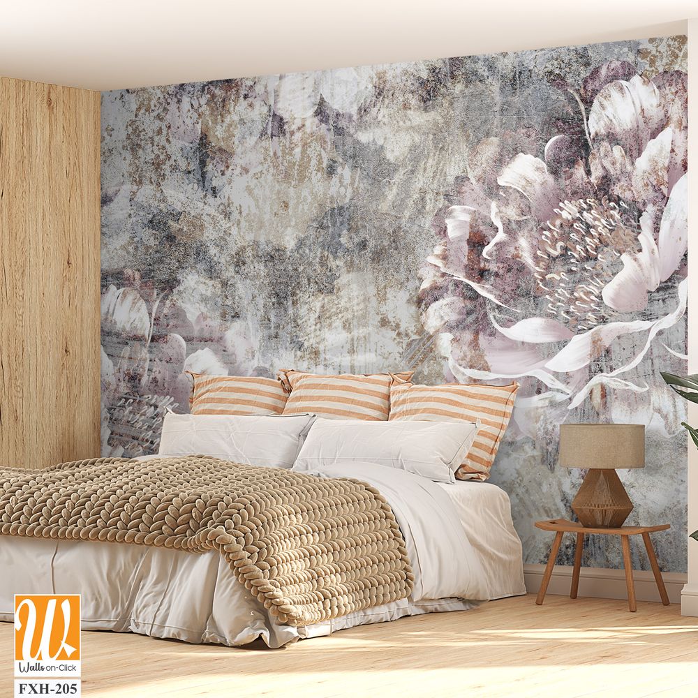 Drawn peony on a textured photo on the wall, art drawing on the wall, photo wallpaper in room, postcard, banquet, poster. [WP-FXH-205]