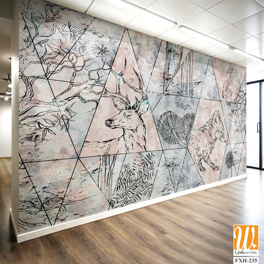 Abstraction, drawn contour animals on texture, photo wallpaper in the room [WP-FXH-235]