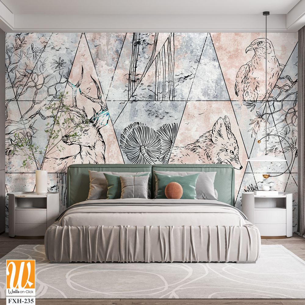 Abstraction, drawn contour animals on texture, photo wallpaper in the room [WP-FXH-235]