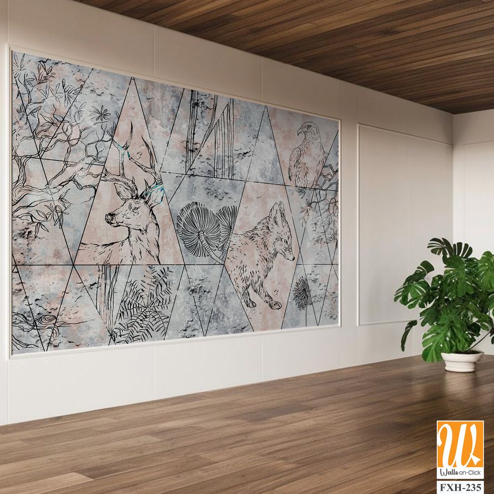 Abstraction, drawn contour animals on texture, photo wallpaper in the room [WP-FXH-235]