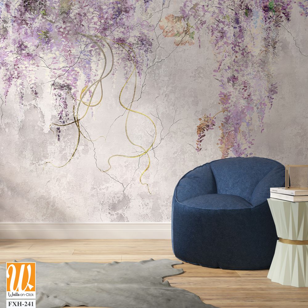 Beautiful lilac branches on the concrete grey vintage wall. Lilac flowers. Blooming lilac. Floral background in loft, modern style. Design for wall mural, card, postcard, wallpaper, photo wallpaper. [WP-FXH-241]