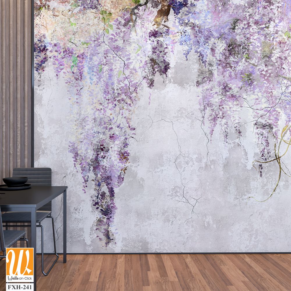 Beautiful lilac branches on the concrete grey vintage wall. Lilac flowers. Blooming lilac. Floral background in loft, modern style. Design for wall mural, card, postcard, wallpaper, photo wallpaper. [WP-FXH-241]