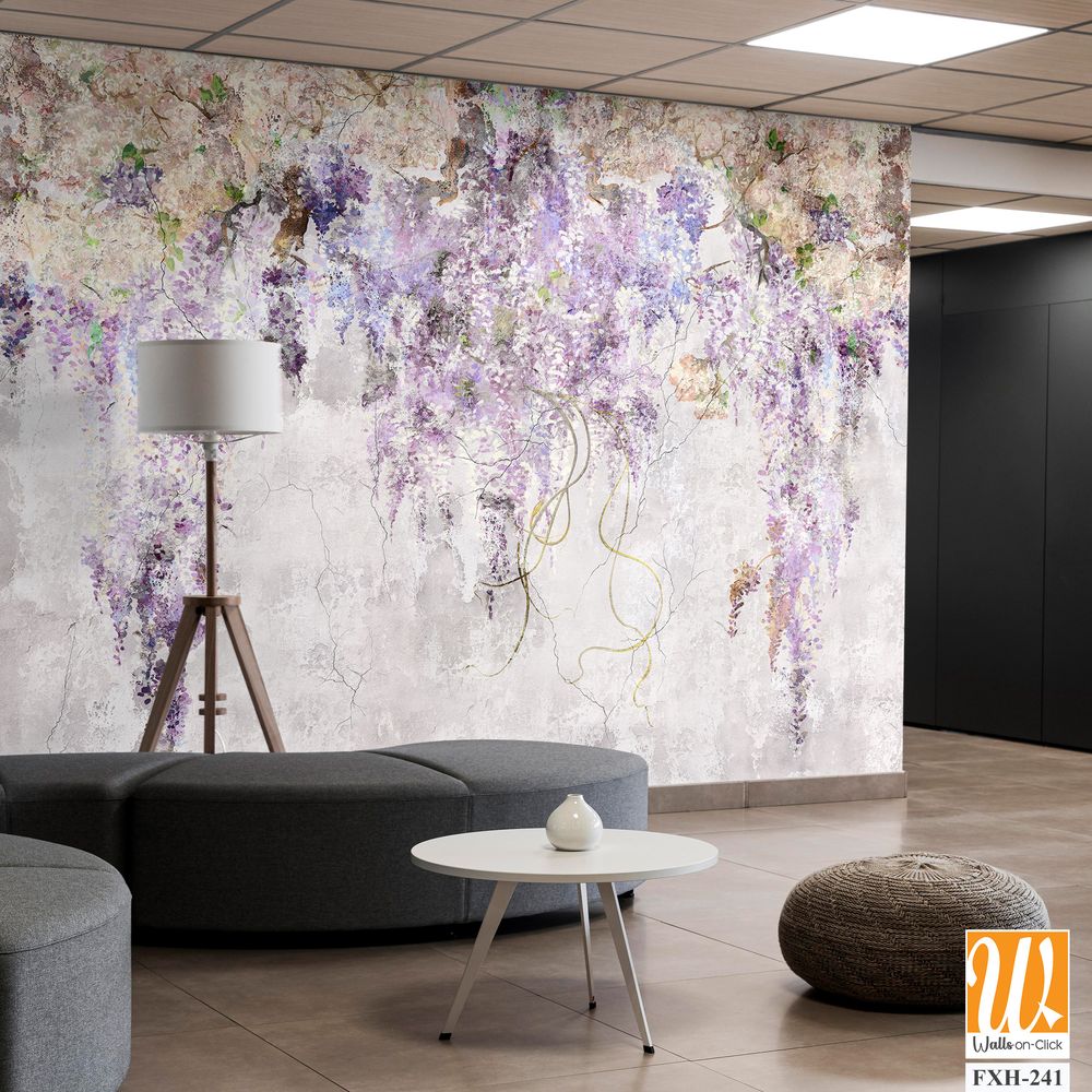 Beautiful lilac branches on the concrete grey vintage wall. Lilac flowers. Blooming lilac. Floral background in loft, modern style. Design for wall mural, card, postcard, wallpaper, photo wallpaper. [WP-FXH-241]