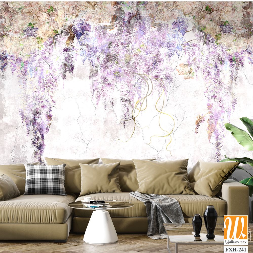 Beautiful lilac branches on the concrete grey vintage wall. Lilac flowers. Blooming lilac. Floral background in loft, modern style. Design for wall mural, card, postcard, wallpaper, photo wallpaper. [WP-FXH-241]