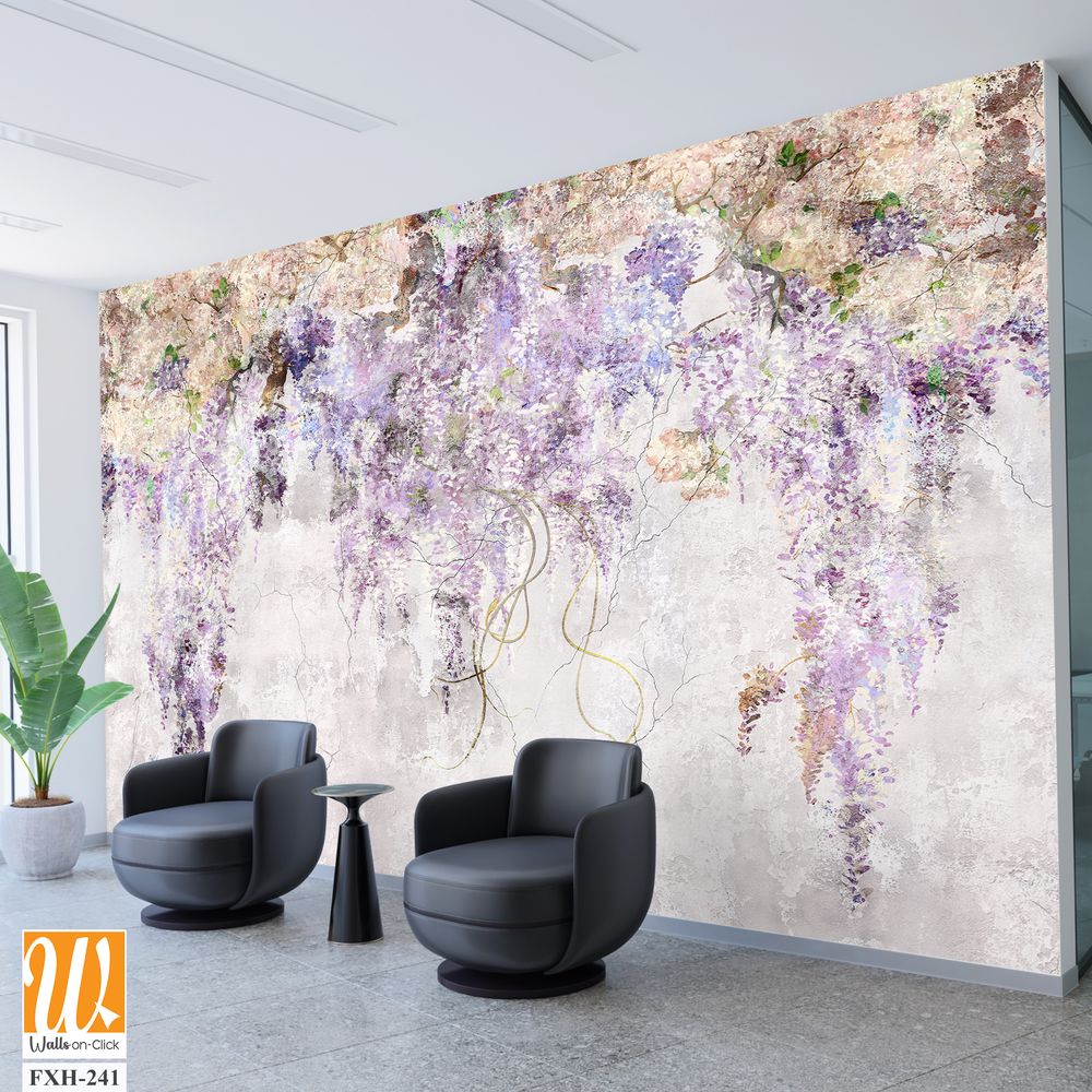 Beautiful lilac branches on the concrete grey vintage wall. Lilac flowers. Blooming lilac. Floral background in loft, modern style. Design for wall mural, card, postcard, wallpaper, photo wallpaper. [WP-FXH-241]
