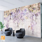 Beautiful lilac branches on the concrete grey vintage wall. Lilac flowers. Blooming lilac. Floral background in loft, modern style. Design for wall mural, card, postcard, wallpaper, photo wallpaper. [WP-FXH-241]