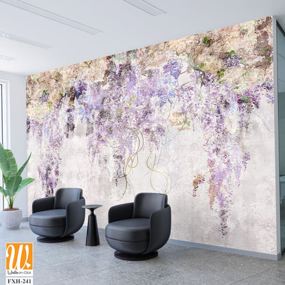 Beautiful lilac branches on the concrete grey vintage wall. Lilac flowers. Blooming lilac. Floral background in loft, modern style. Design for wall mural, card, postcard, wallpaper, photo wallpaper. [WP-FXH-241]