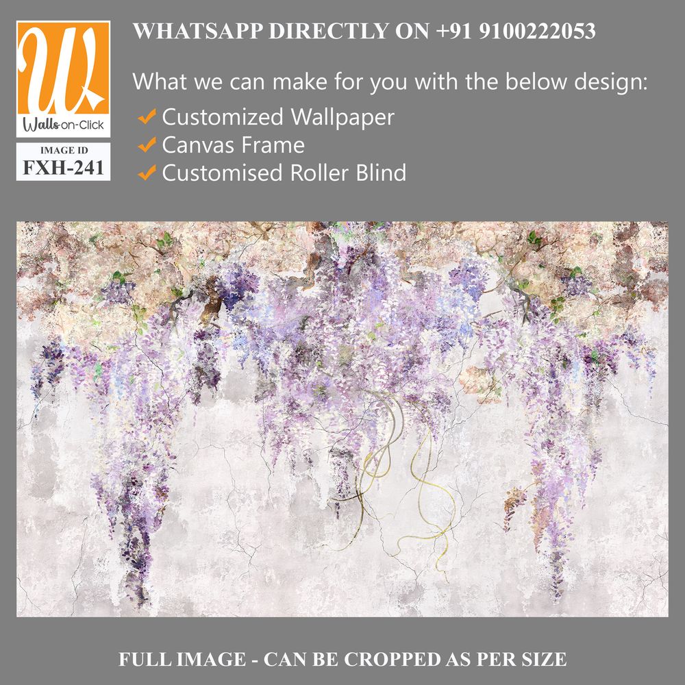 Beautiful lilac branches on the concrete grey vintage wall. Lilac flowers. Blooming lilac. Floral background in loft, modern style. Design for wall mural, card, postcard, wallpaper, photo wallpaper. [WP-FXH-241]