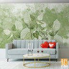 Curly branches. Beautiful painted flowering branches on the abstract green watercolor wall. Floral background in loft, modern style. Design for wall mural, card, postcard, wallpaper, photo wallpaper. [WP-FXH-253]