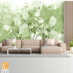 Curly branches. Beautiful painted flowering branches on the abstract green watercolor wall. Floral background in loft, modern style. Design for wall mural, card, postcard, wallpaper, photo wallpaper. [WP-FXH-253]