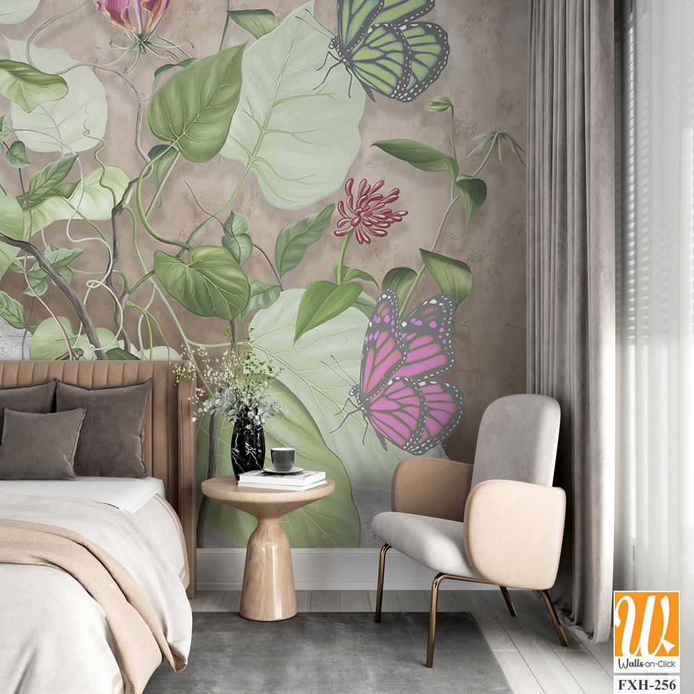 Green curly branches with pink and green butterflies. Beautiful painted flowering branches on the beige old grunge wall.Design for wall mural, card, postcard, wallpaper, photo wallpaper, etc. [WP-FXH-256]