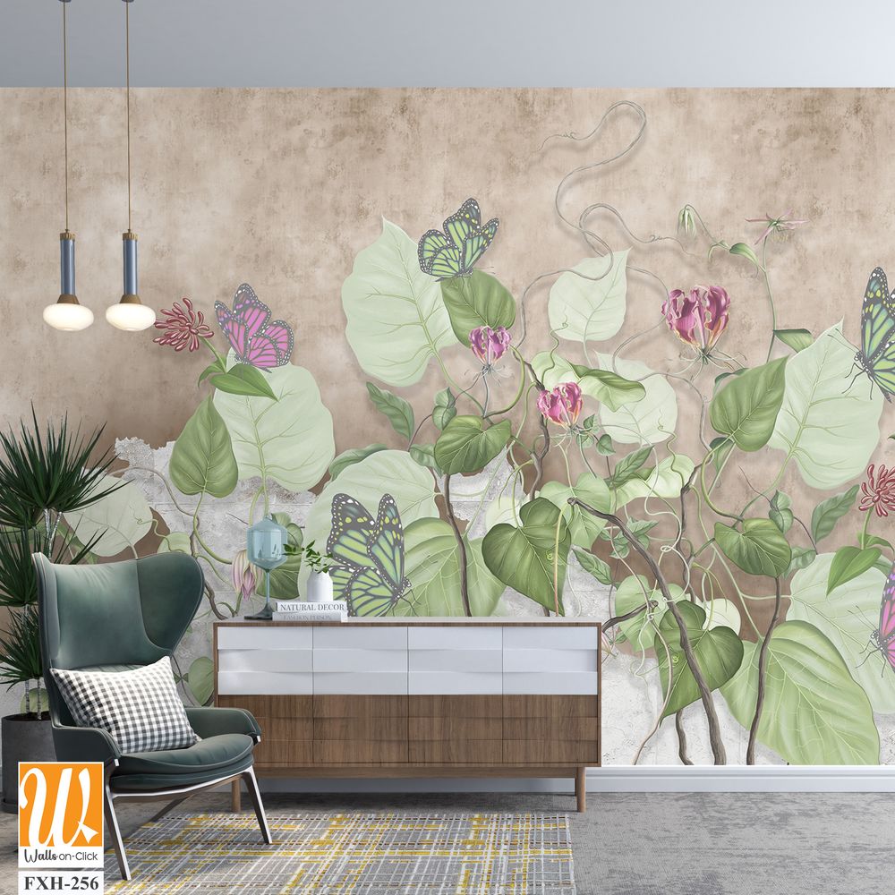 Green curly branches with pink and green butterflies. Beautiful painted flowering branches on the beige old grunge wall.Design for wall mural, card, postcard, wallpaper, photo wallpaper, etc. [WP-FXH-256]