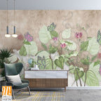 Green curly branches with pink and green butterflies. Beautiful painted flowering branches on the beige old grunge wall.Design for wall mural, card, postcard, wallpaper, photo wallpaper, etc. [WP-FXH-256]