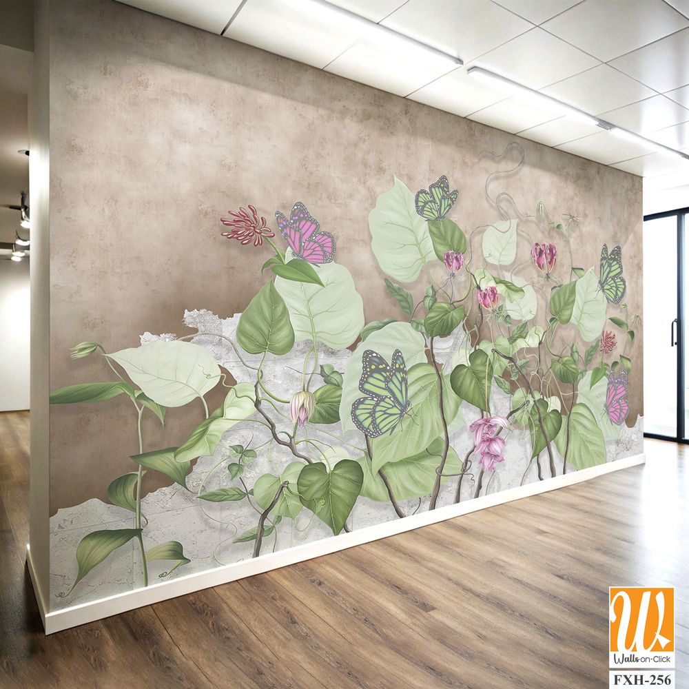 Green curly branches with pink and green butterflies. Beautiful painted flowering branches on the beige old grunge wall.Design for wall mural, card, postcard, wallpaper, photo wallpaper, etc. [WP-FXH-256]