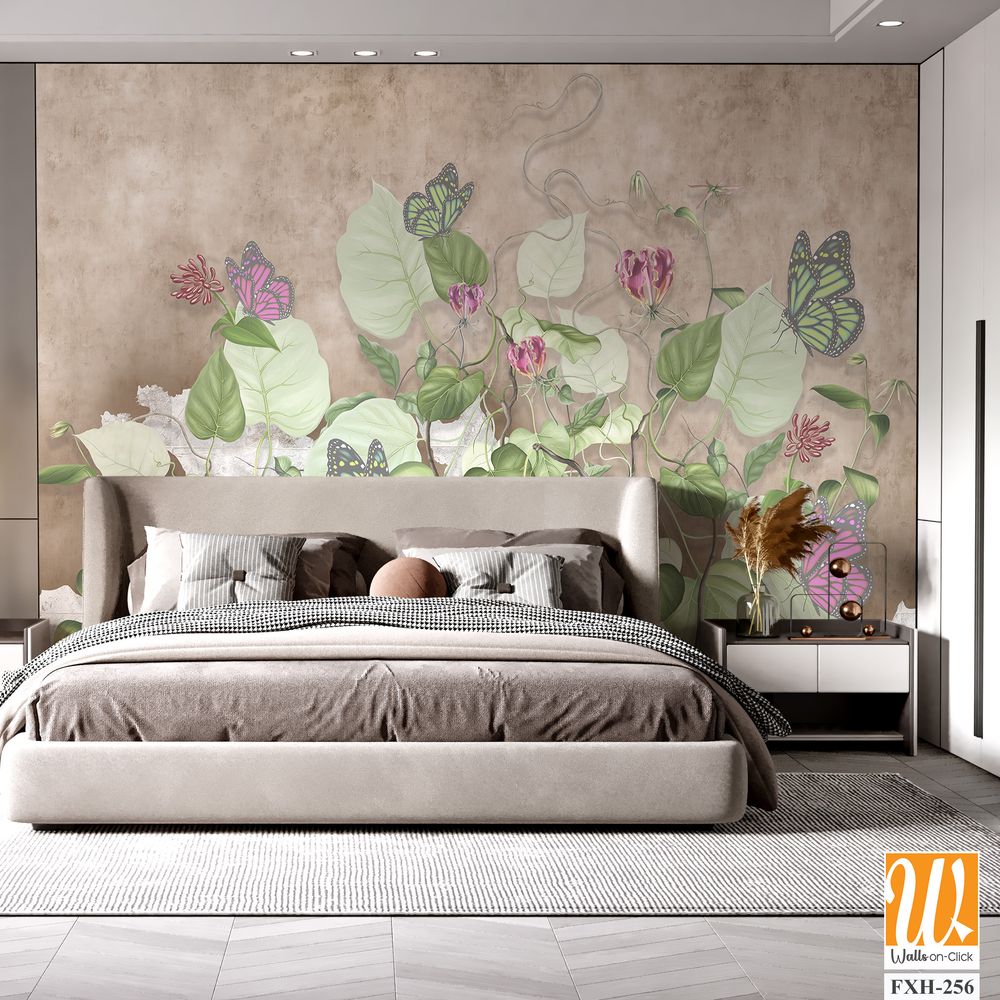 Green curly branches with pink and green butterflies. Beautiful painted flowering branches on the beige old grunge wall.Design for wall mural, card, postcard, wallpaper, photo wallpaper, etc. [WP-FXH-256]
