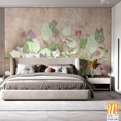 Green curly branches with pink and green butterflies. Beautiful painted flowering branches on the beige old grunge wall.Design for wall mural, card, postcard, wallpaper, photo wallpaper, etc. [WP-FXH-256]