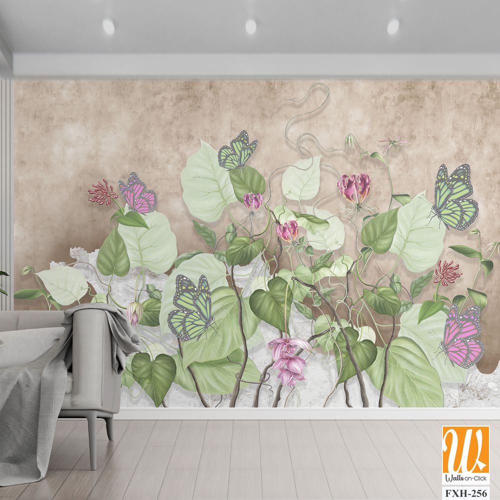 Green curly branches with pink and green butterflies. Beautiful painted flowering branches on the beige old grunge wall.Design for wall mural, card, postcard, wallpaper, photo wallpaper, etc. [WP-FXH-256]
