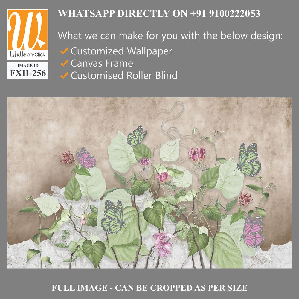 Green curly branches with pink and green butterflies. Beautiful painted flowering branches on the beige old grunge wall.Design for wall mural, card, postcard, wallpaper, photo wallpaper, etc. [WP-FXH-256]