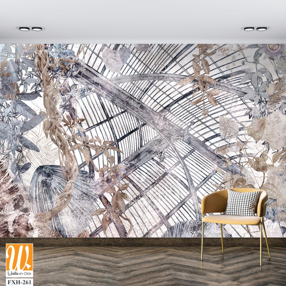 Graphic illustration of a greenhouse and exotic plants. Floral wallpaper with beautiful brown leaves. Abstract botanical background. Illustration for photo wallpaper, wallpaper, mural, card. [WP-FXH-261]