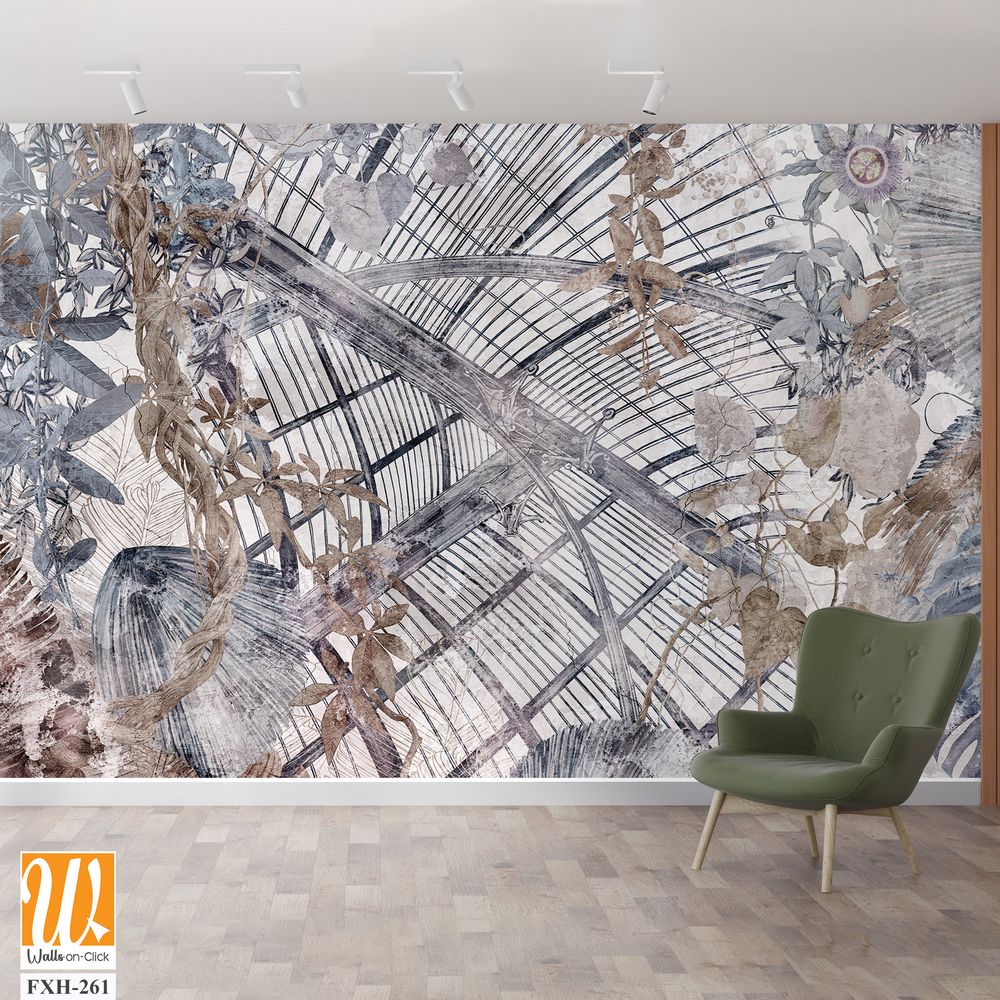 Graphic illustration of a greenhouse and exotic plants. Floral wallpaper with beautiful brown leaves. Abstract botanical background. Illustration for photo wallpaper, wallpaper, mural, card. [WP-FXH-261]