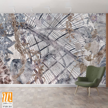 Graphic illustration of a greenhouse and exotic plants. Floral wallpaper with beautiful brown leaves. Abstract botanical background. Illustration for photo wallpaper, wallpaper, mural, card. [WP-FXH-261]