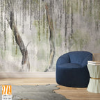 A textured background with white scuffs on which painted trees are visible, tree trunks from which leaves hang, photo wallpaper [WP-FXH-289]
