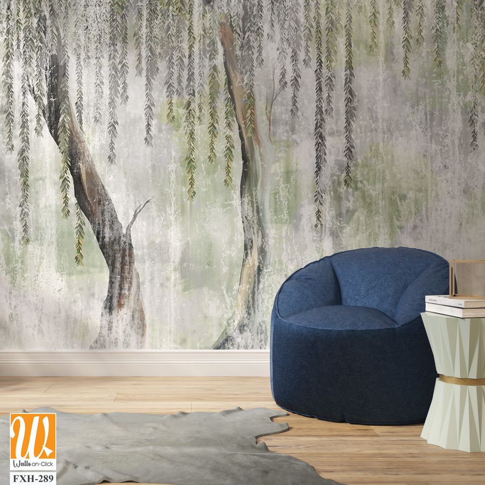 A textured background with white scuffs on which painted trees are visible, tree trunks from which leaves hang, photo wallpaper [WP-FXH-289]