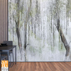 A textured background with white scuffs on which painted trees are visible, tree trunks from which leaves hang, photo wallpaper [WP-FXH-289]