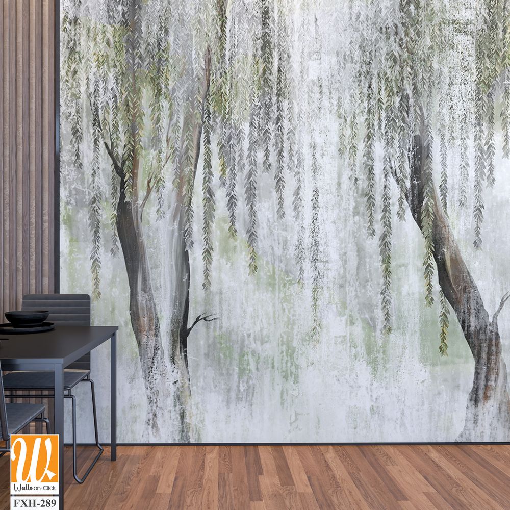 A textured background with white scuffs on which painted trees are visible, tree trunks from which leaves hang, photo wallpaper [WP-FXH-289]