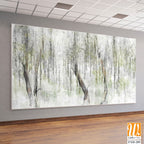 A textured background with white scuffs on which painted trees are visible, tree trunks from which leaves hang, photo wallpaper [WP-FXH-289]