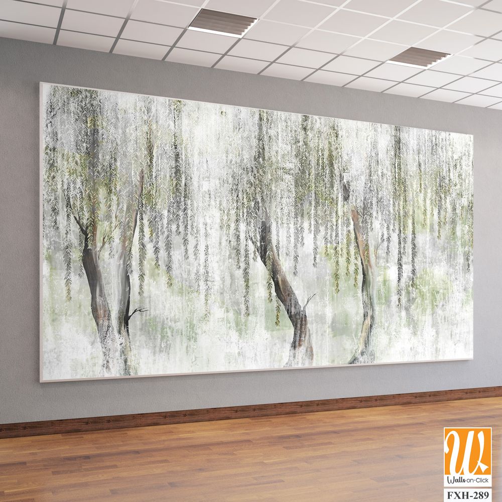 A textured background with white scuffs on which painted trees are visible, tree trunks from which leaves hang, photo wallpaper [WP-FXH-289]