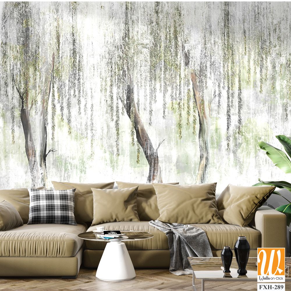 A textured background with white scuffs on which painted trees are visible, tree trunks from which leaves hang, photo wallpaper [WP-FXH-289]