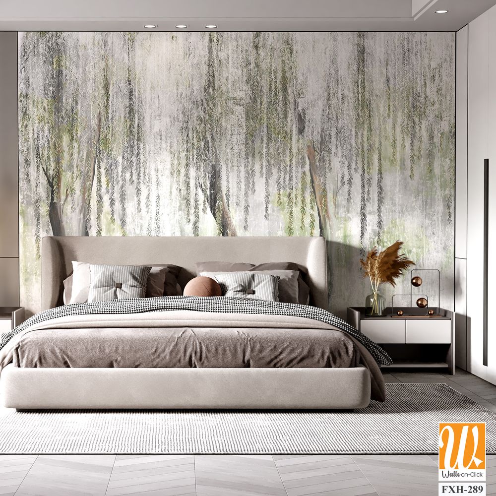 A textured background with white scuffs on which painted trees are visible, tree trunks from which leaves hang, photo wallpaper [WP-FXH-289]