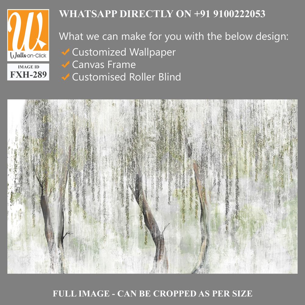 A textured background with white scuffs on which painted trees are visible, tree trunks from which leaves hang, photo wallpaper [WP-FXH-289]