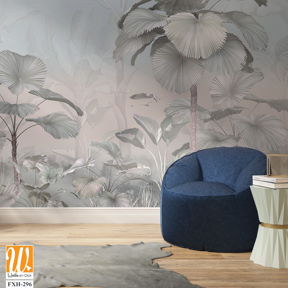 Tropical trees and leaves wallpaper design in foggy forest - 3D illustration [WP-FXH-296]