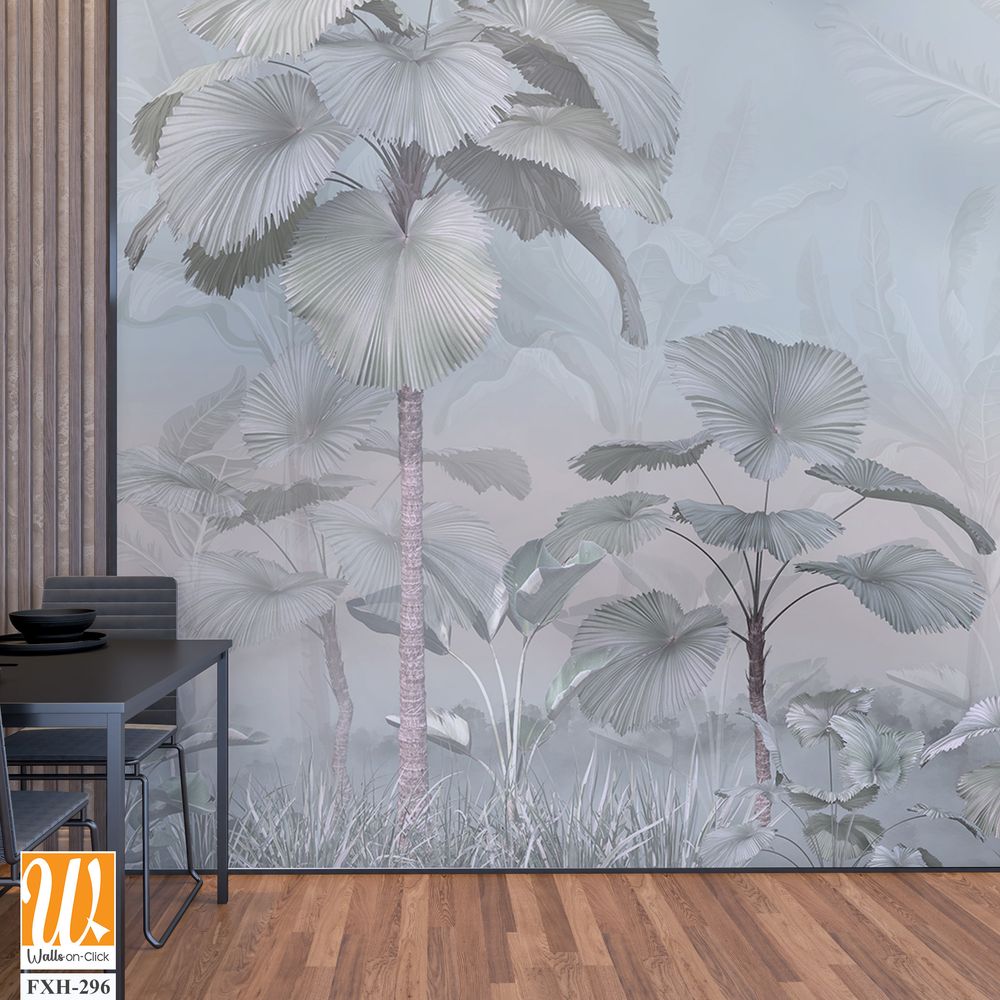 Tropical trees and leaves wallpaper design in foggy forest - 3D illustration [WP-FXH-296]