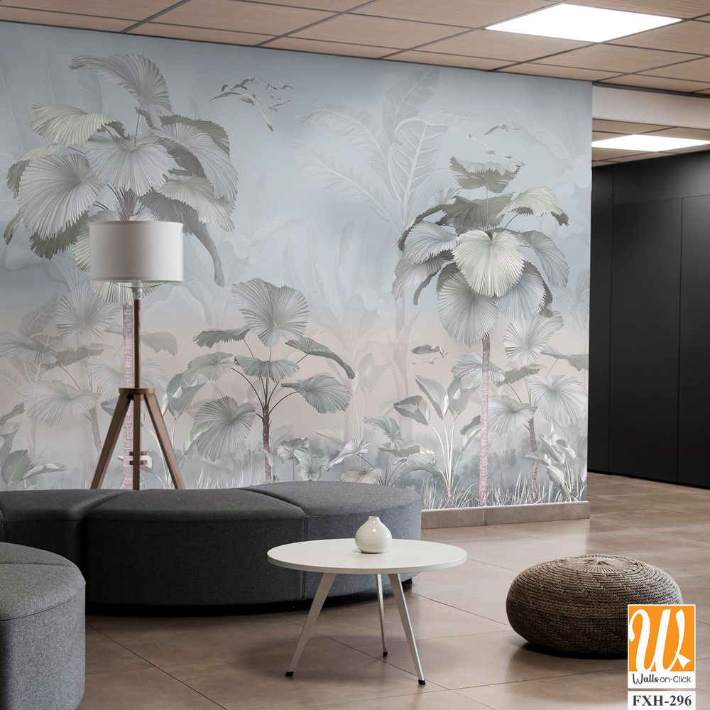 Tropical trees and leaves wallpaper design in foggy forest - 3D illustration [WP-FXH-296]