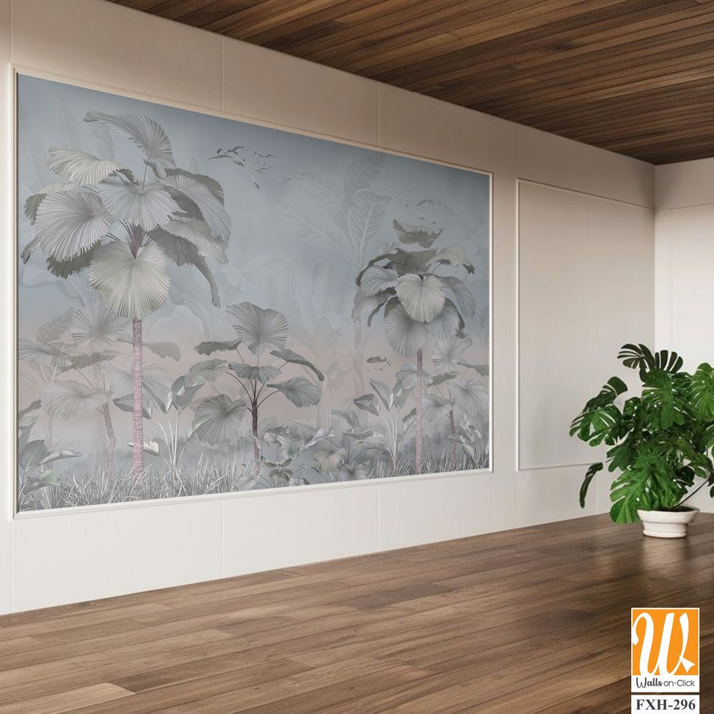 Tropical trees and leaves wallpaper design in foggy forest - 3D illustration [WP-FXH-296]