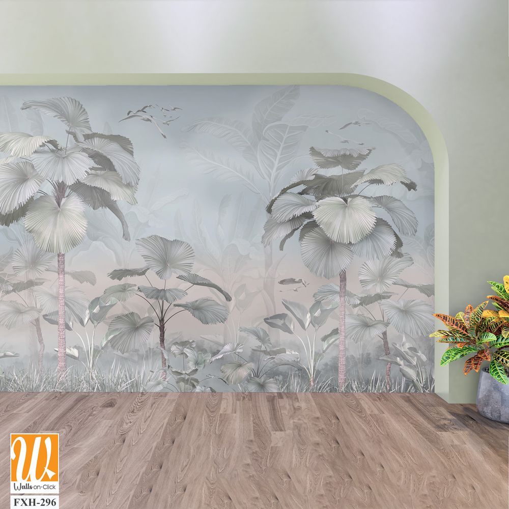 Tropical trees and leaves wallpaper design in foggy forest - 3D illustration [WP-FXH-296]