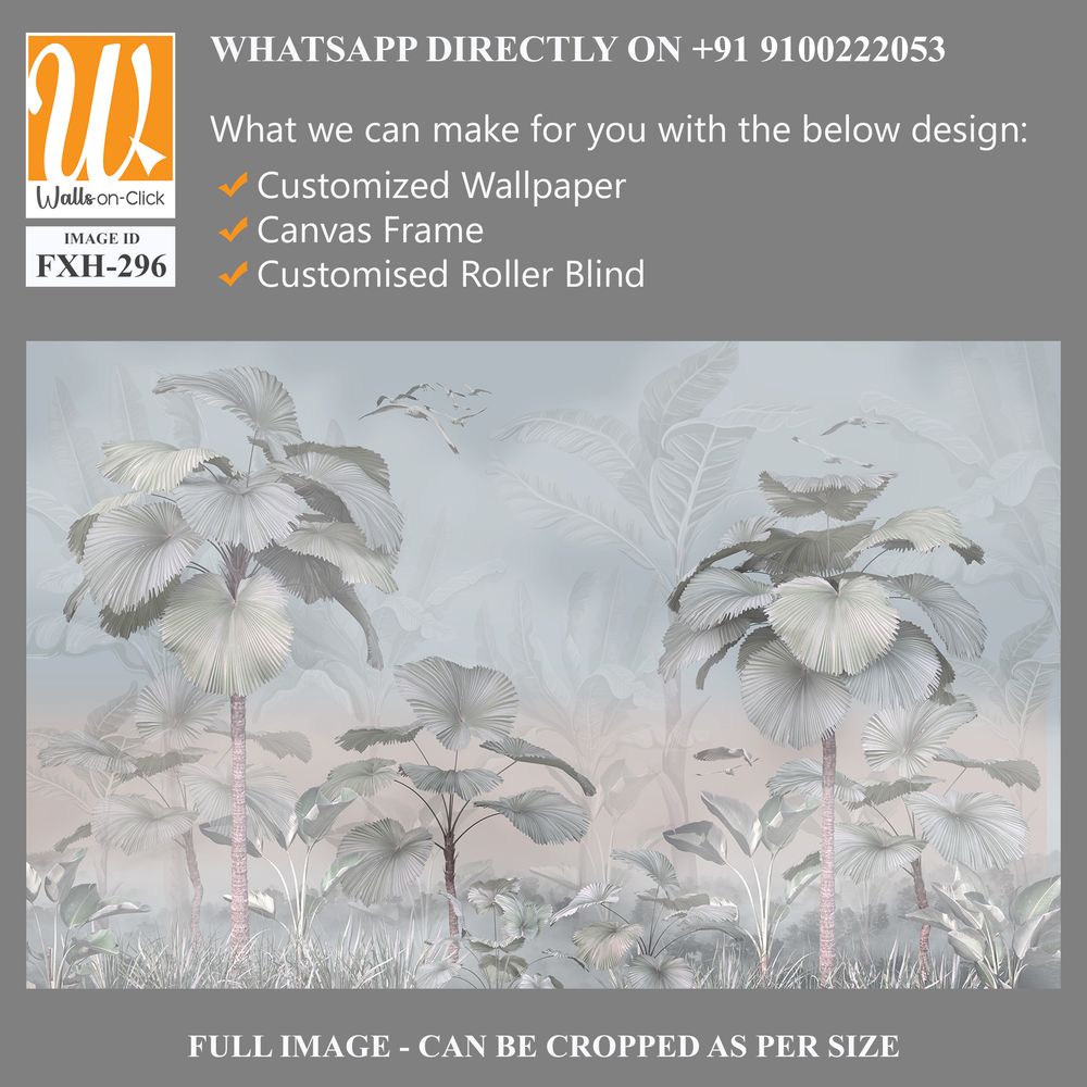 Tropical trees and leaves wallpaper design in foggy forest - 3D illustration [WP-FXH-296]