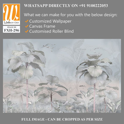 Tropical trees and leaves wallpaper design in foggy forest - 3D illustration [WP-FXH-296]