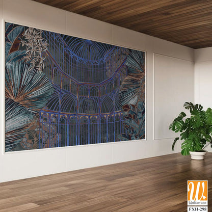 Dark graphic illustration of a greenhouse. Floral wallpaper with exotic jungle leaves and plants. Abstract botanical design for photo wallpaper, wallpaper, mural, card. [WP-FXH-298]