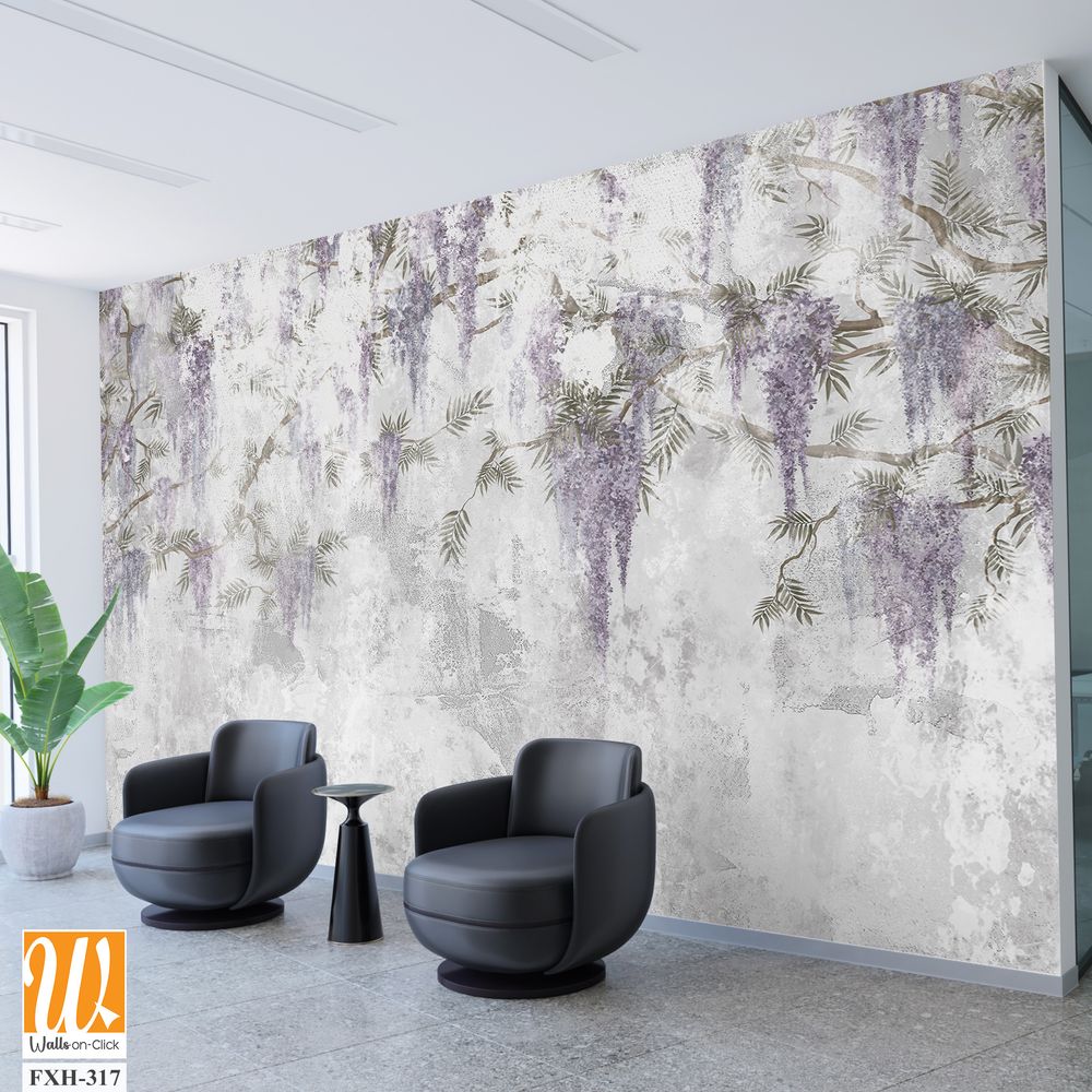 Texture shabby background on which branches with hanging flowers are depicted, photo wallpaper in the interior [WP-FXH-317]