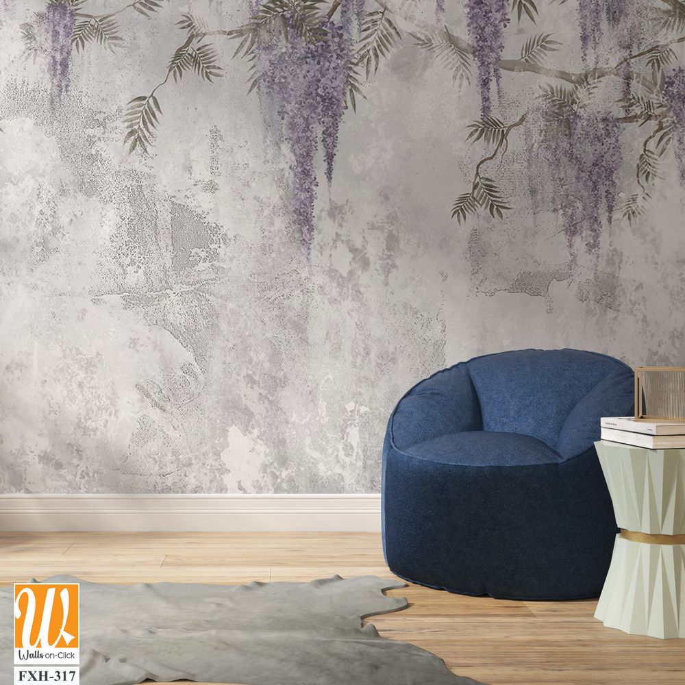 Texture shabby background on which branches with hanging flowers are depicted, photo wallpaper in the interior [WP-FXH-317]