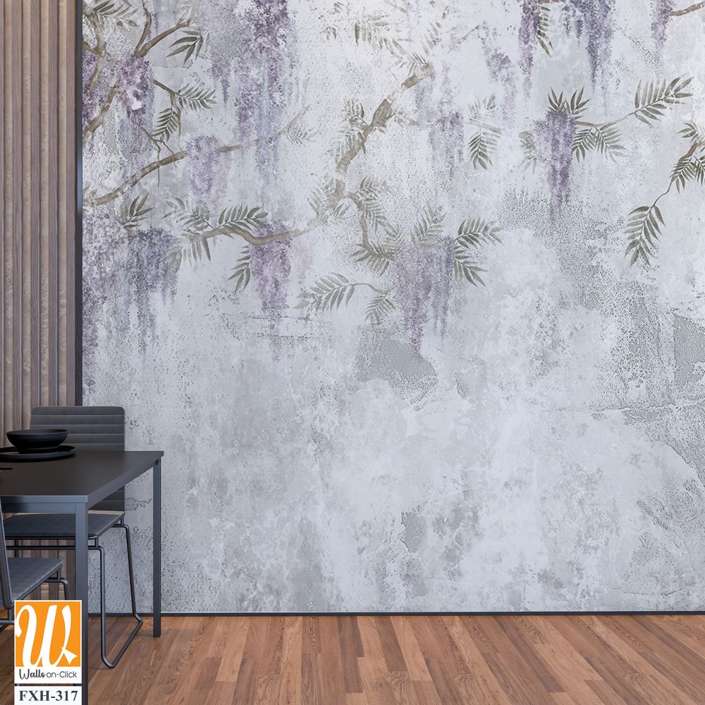 Texture shabby background on which branches with hanging flowers are depicted, photo wallpaper in the interior [WP-FXH-317]